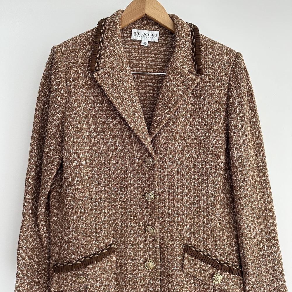 St John Tweed Jacket 12 Brown Textured Knit Gold Button Fringe Equestrian Luxury - Picture 7 of 16